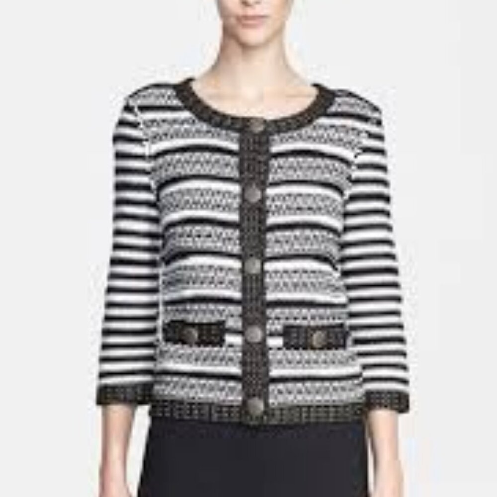 St. John Knits Striped Cardigan Bright White/Black/Gold Multi Silk Blend Sz 12